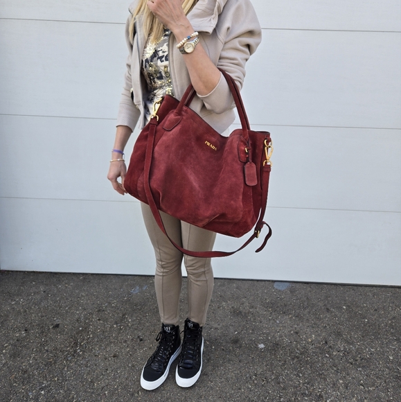 Prada Suede Double Handle Shopping Tote Bag In Bubgundy Color - Picture 1 of 16